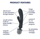 Satisfyer Triple Lover Rabbit and Wand Vibrator features including 3 motors and silicone design for G-spot stimulation.