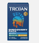 Trojan Discovery Condoms 12 Pack, featuring original, ultra thin, and ultra ribbed options for enhanced pleasure.