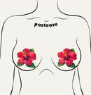 Tropical Vibrant Red Hawaiian Hibiscus Botanical Flower Breast Pasties on a minimalist body illustration.