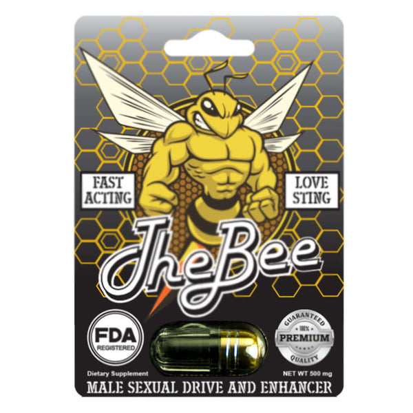 The Bee Herbal Supplement 500 mg Mens Vitality Made in USA packaging with a capsule, promoting male performance.