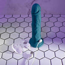 Realistic blue Tsunami vibrator with remote control and USB charger on white hexagon tile background.
