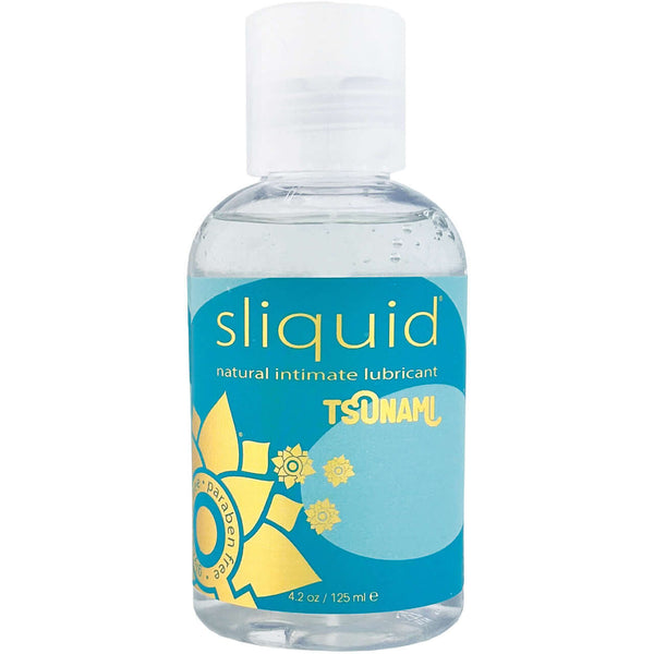 Sliquid Natural Intimate Lubricant Tsunami 4.2 Oz bottle with blue label and sunflower design.
