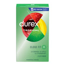 Durex Tropical Flavored Condoms 12 Pack packaging featuring colorful fruit design with strawberry, banana, and apple flavors.