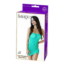 Lace strapless mini dress lingerie in green packaging, showcasing a model wearing the product, highlighting its design and style.