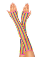 Leg Avenue Rainbow Net Fingerless Arm Warmer Gloves in vibrant rainbow fishnet design.