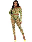 2 Pc Net Crop Top and Footless Tights One Size Neon Green displayed on a model showcasing its bold and flirty design.
