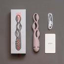 UEROS pink multi-motor pulse vibrator with unique design, packaging box, charging cable, and instruction manual displayed.