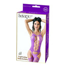 Captivating bodystocking lingerie in purple packaging featuring stylish cutouts and a model showcasing the design.