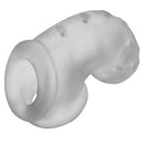Oxballs Airlock Air-Lite Vented Chastity Cage Clear Ice showing lightweight design and ventilation features.