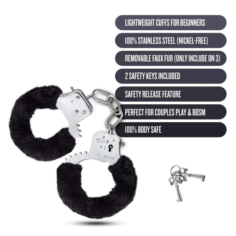 Stylish and comfortable Temptasia Beginner Cuffs with features list, including adjustable design, safety release lever, and included keys.
