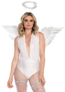 Leg Avenue 2 Piece Angel Accessory Kit White worn with feather wings and halo headband for a heavenly costume look.