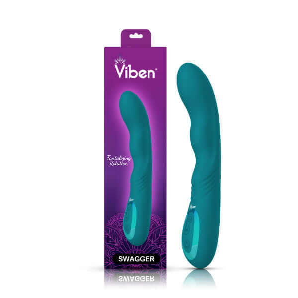 Swagger Ocean Wriggling G-Spot Vibrator with packaging featuring dual motors, 10 functions, and 3 rotation speeds for ultimate pleasure