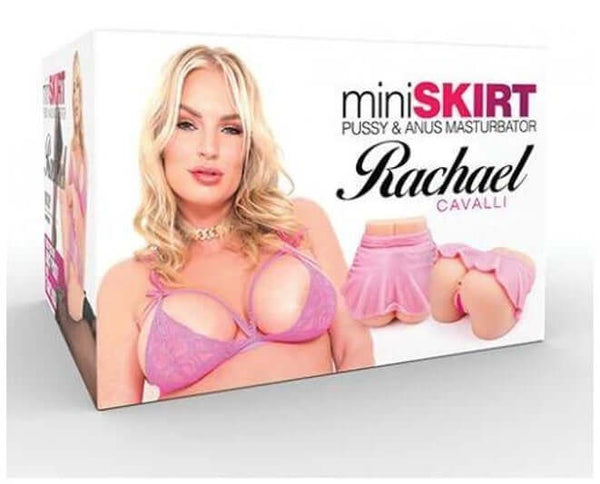 Rachel Cavalli Mini Skirt Pussy and Anus Masturbator packaging featuring lifelike design and seductive appeal.