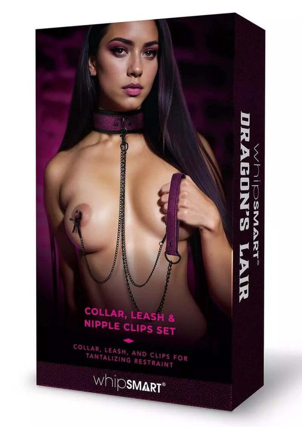 Dragon's Lair BDSM set packaging showing collar, leash, and nipple clips ensemble for tantalizing restraint.