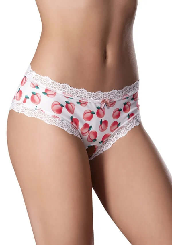 Sweet Treats Crotchless Boy Short with peach prints and lace trim, S/M size, featuring split crotch design for added sensuality.