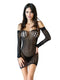 Model wearing a black Tease Sleeve Mini Dress lingerie with mesh design and off-shoulder sleeves.