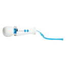 Magic Wand Micro Rechargeable Wand Massager with white head and blue accents, compact and portable.