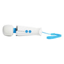 Magic Wand Micro Rechargeable Wand Massager with a sleek design and easy-to-use controls in white and blue.