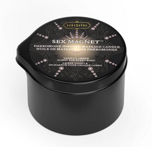 Kama Sutra Sex Magnet Vanilla Candle 2 Oz in black container with pheromone infused massage description.