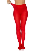 Leg Avenue Ari Nylon Tights One Size Red showcasing a model pulling up the smooth red tights.