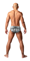 Male Power Dirty Denim Men's Bikini Brief Medium Blue shown from the back, highlighting the unique denim print and fit.