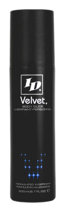 ID Velvet Silicone Body Glide Lubricant 6.7 Oz packaging showcasing a sleek design and premium quality for intimate use.