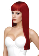 Scarlett Premium Styable Wig Red displayed on a model with sleek, straight hair and a stylish fringe.