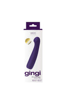 VeDo Gingi Rechargeable Silicone G-Spot Vibrator Purple in packaging with ergonomic design for targeted stimulation.