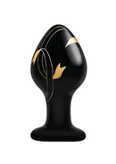 Secret Kisses 3.5 Inch Handblown Glass Plug Black with elegant gold design for appealing anal play experience.