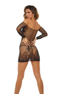 Room Service Halter Net Dress One Size Black showcased on model, featuring a sheer nylon fishnet design.