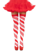 Leg Avenue Candy Cane Thigh High One Size White and Red stockings with red and white stripes under a tulle skirt.