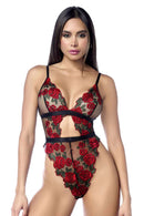 Mapale High-Cut Rose Teddy Black Red L/XL showcasing sheer black mesh and intricate rose embroidery.