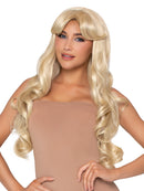 Leg Avenue 25 Inch Curtain Bang Wavy Wig Blonde worn by a model with flowing waves and soft curtain bangs.