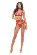 Twist Every Way 3pc Chain Bra Garter G-String Red showcasing a model in a bold three-piece lingerie set with intricate details.