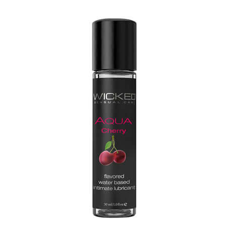 Wicked Aqua Cherry flavored water-based lubricant 1 oz, silky smooth and paraben-free for superior performance.