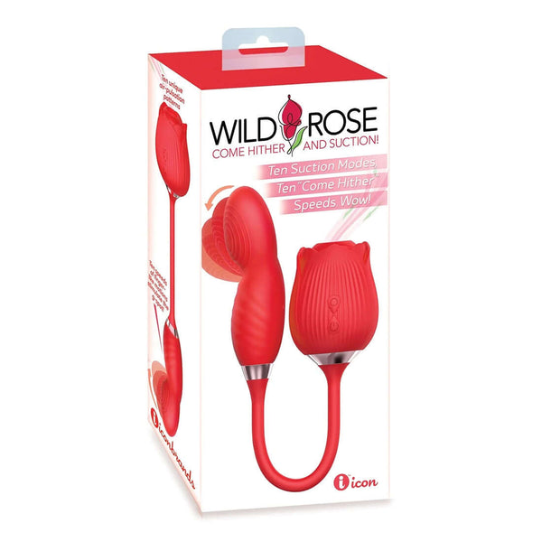 Wild Rose Come Hither rechargeable silicone dual stimulator with clitoral suction in red packaging.