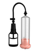 Pump Worx Fanta Flesh Pussy Penis Pump Clear and Vanilla with black pump handle and clear cylinder.