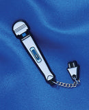 Wood Rocket Magic Wand Original Pin with Chain on blue fabric background, charming miniature replica with chain and plug attachment.