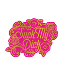 Wood Rocket Porn Suck My Dick Enamel Pin Pink Gold with floral design and bold text.