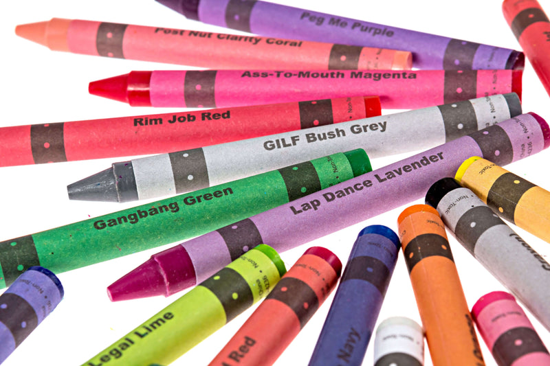 Colorful assortment of Offensive Crayon Porn Pack featuring cheeky colors and humorous names for adult-only fun.