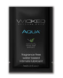Wicked Sensual Care Aqua Water Based Lubricant 0.1 Oz sachet, fragrance free, enhanced with olive leaf extract.