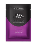 Wicked Toy Love Water Based Lubricant 0.1 Oz Fragrance Free in a purple packaging for intimate toys.