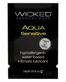 Wicked Sensual Care Aqua Sensitive Water Based Lube 0.1 Oz packet, hypoallergenic intimate lubricant for sensitive skin.