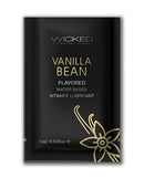 Wicked Sensual Care Waterbased Lubricant 0.1 Oz Vanilla Bean sample pack with flavored intimate lubricant details.