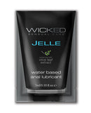 Wicked Jelle Water Based Anal Lubricant Fragrance Free packaging featuring olive leaf extract and luxurious glide.