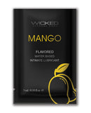 Wicked Sensual Care Water Based Lubricant 0.1 Oz Mango packet, flavored water-based intimate lubricant in a sleek design.