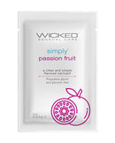 Wicked Simply Water Based Lubricant 0.1 Oz Passion Fruit packet with tropical fruit design.