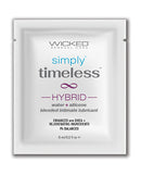 Wicked Sensual Care Simply Timeless Hybrid Lubricant 0.2 Oz sachet packaging featuring water and silicone blend.