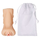 Personal Pussy Pocket Stroker Light next to a white mesh storage bag for discreet use.