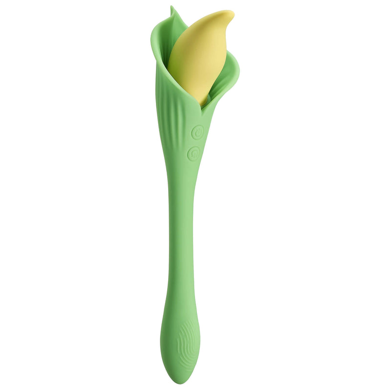 Cloud 9 Spathe Lily Vibe green dual motor vibrator with flower design and fluttering stimulator for internal and external bliss